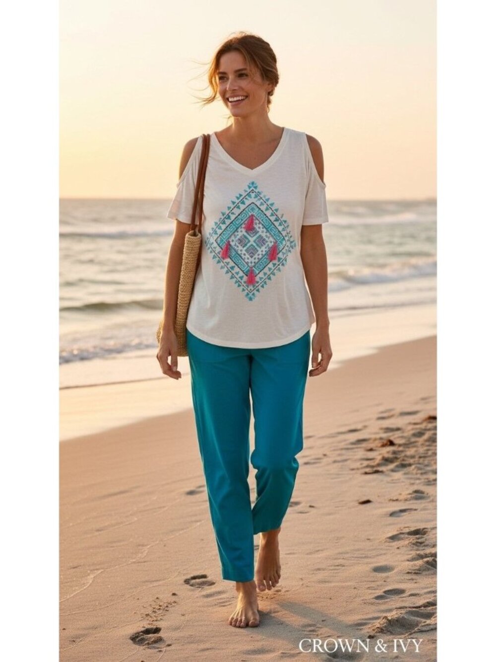 Crown & Ivy Cold Shoulder Top Tassel Design Boho Aztec Tribal Casual Beachy